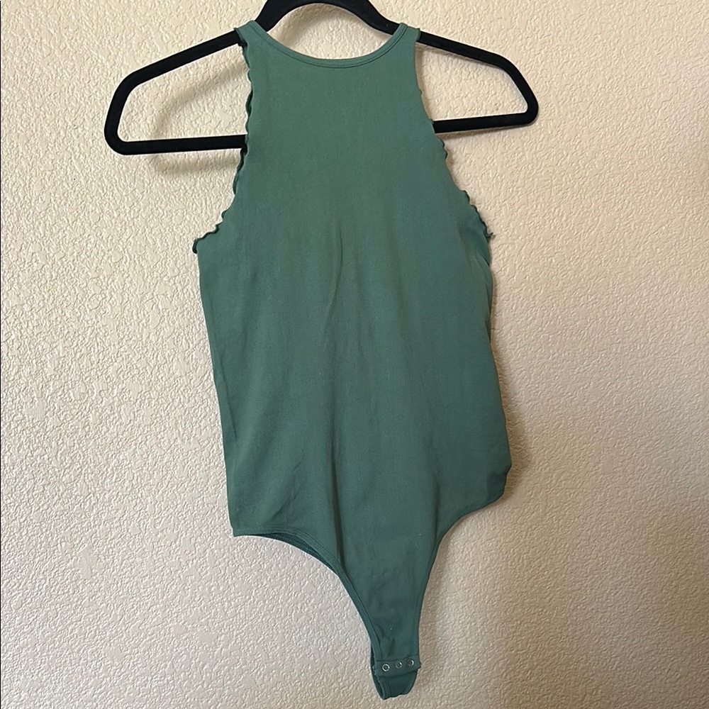 Free People Green High Neck Bodysuit with Ruffle Hem Sleeves